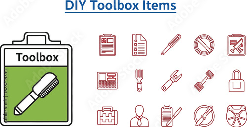 Minimalist Line Art of DIY Toolbox Items, Including Screwdrivers, Wrenches