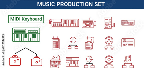 Line Art Style of Music Production Set Featuring MIDI Keyboard, Synthesizer, Audio Mixer