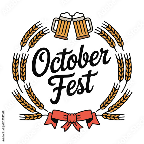 October Fest wreath with beer mugs and wheat ears and red ribbon lettering text