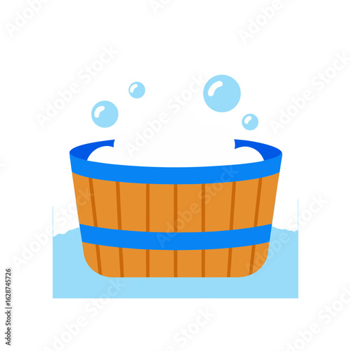 Wooden bucket filled with soap suds and bubbles isolated on transparent background