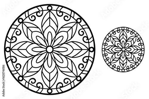 Intricate Floral Mandala Duo: Detailed Line Art Circles with Petal and Scroll Motifs on White, Ideal for Coloring Books or Design Elements            