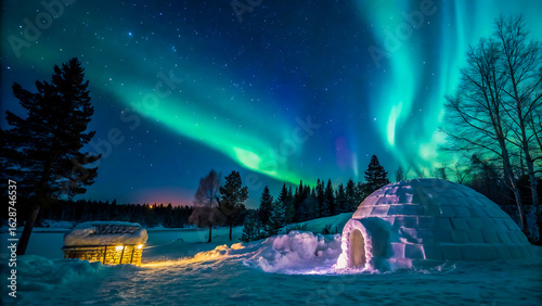 Magical aurora borealis shines over snowy igloo village at night
