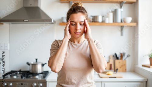 Woman experiencing headache in modern kitchen during the day, stress relief