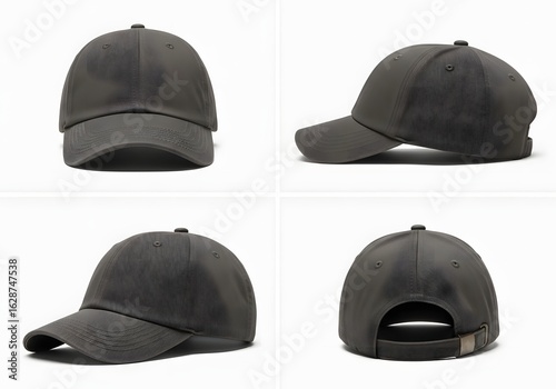 Four views of a plain dark gray baseball cap, showcasing its design and structure.