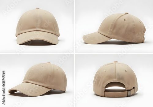 Beige baseball cap displayed from four different angles showcasing its design and features.