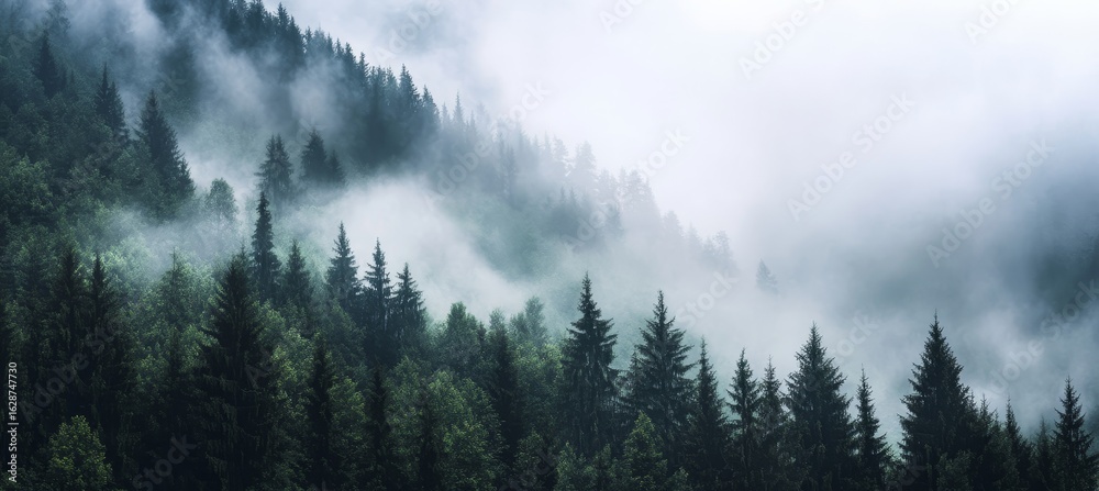 Fototapeta premium In the Schwarzwald, a mystical winter landscape unfolds with rising fog, snow-covered mountains, and trees set against a panoramic sky
