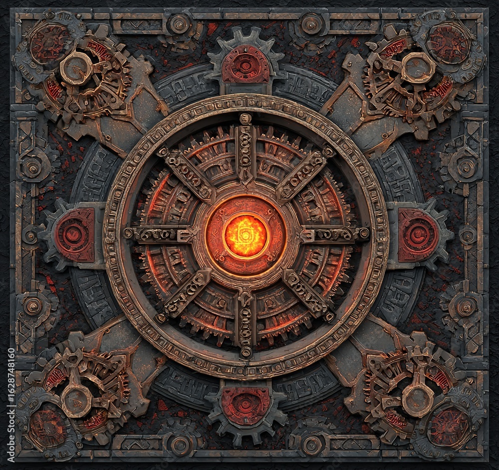 Fototapeta premium Elaborate mechanical design with glowing center, evoking steampunk or fantasy motifs