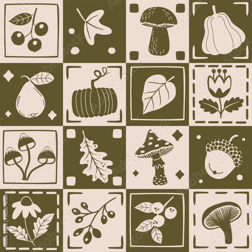 Botanical patchwork prints set. Grey and white colors pattern with mushrooms, leaves, flowers, pumpkins, berries, acorn, twig, pear. Square shapes with plant silhouettes. Vector illustration.