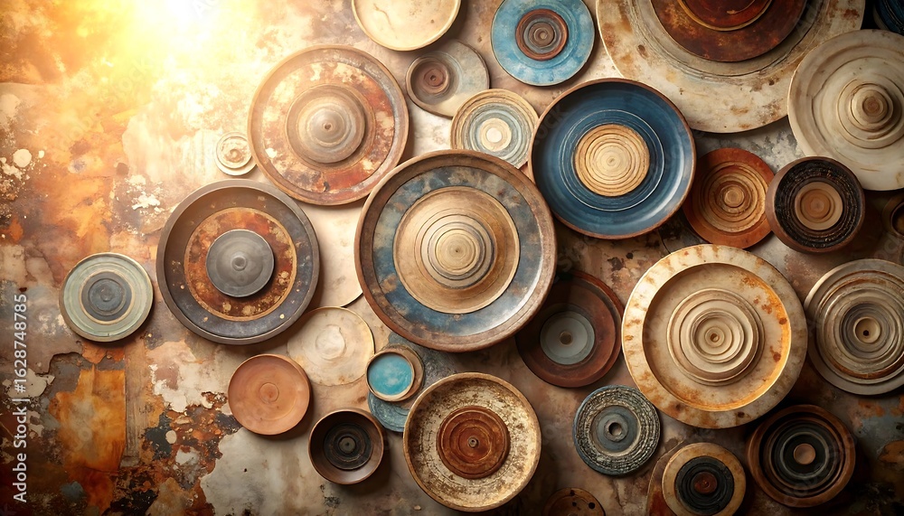 Arrangement of Ceramic Plates on Aged Textured Surface