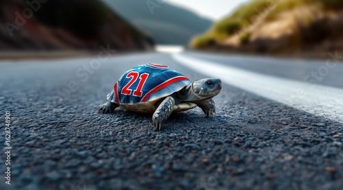 Une adorable petite tortue portant un maillot rouge et bleu avec le numéro 21 sur sa carapace, marchant sur une route goudronnée, image avec espace pour texte.