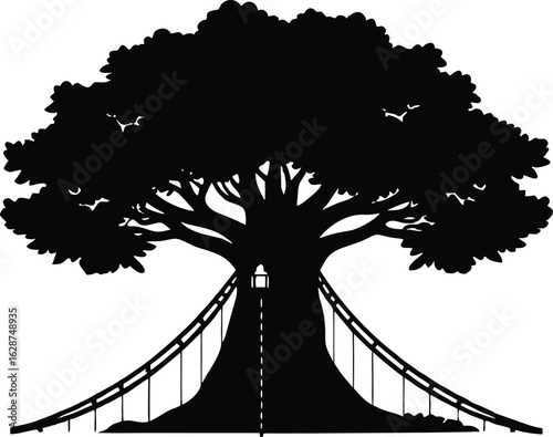 Silhouette of Rope Bridges on Ancient Tree Canopy