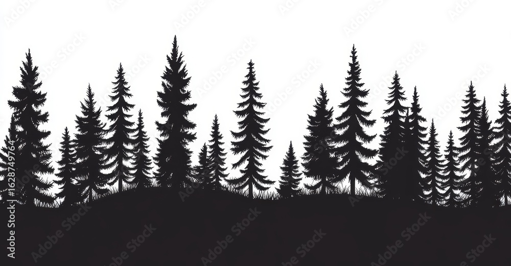 Fototapeta premium Beautifully illustrated, the silhouettes of fir trees stand out against a horizontal background of coniferous spruce patterns and black evergreen woods, forming a hand-drawn panorama of forest