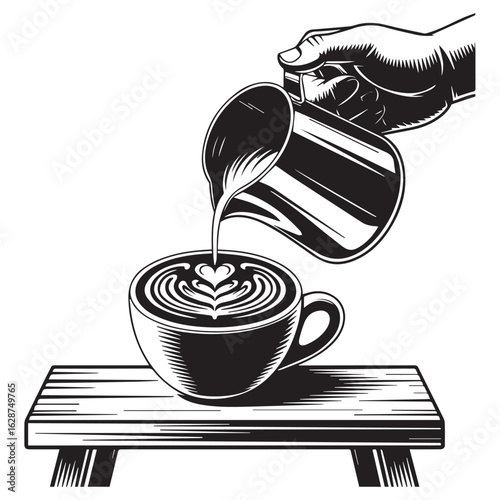 Close up illustration of a hand pouring steamed milk into a coffee cup creating latte art on a wooden surface
