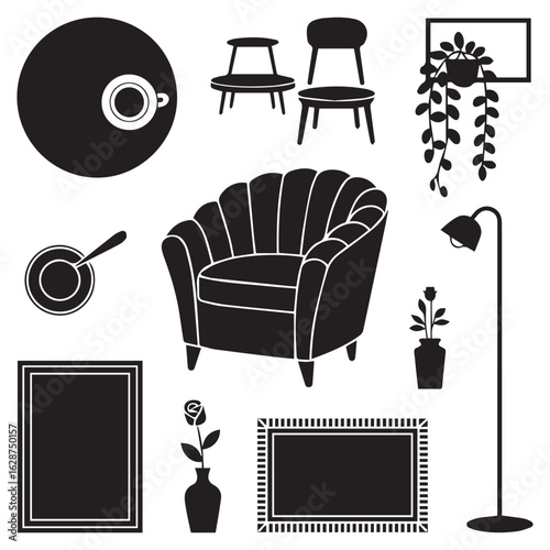 Collection of black silhouette interior design elements including a plush armchair chairs floor lamp plants and rug for modern home decor