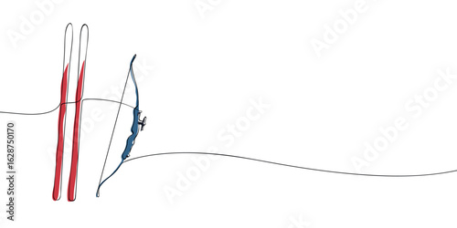 Continuous line colored drawing of red skis and blue biathlon bow. Minimalist linear illustration. Winter sports, biathlon and Olympic games concept.