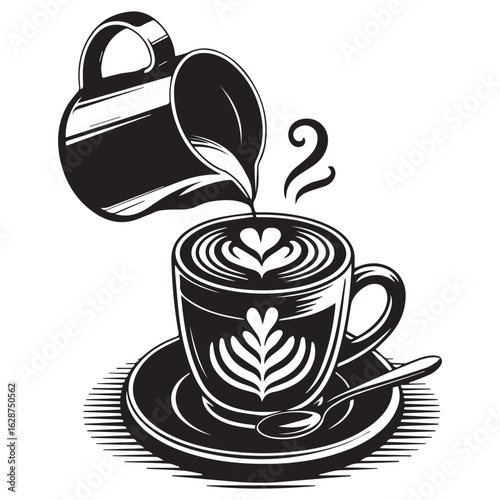Hand drawn illustration of barista pouring steamed milk into coffee cup creating latte art hearts and rosetta pattern