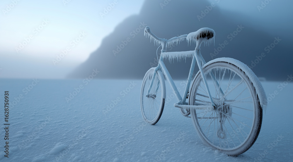 Fototapeta premium Ice-encrusted bicycle stands motionless in pristine snowy winter landscape.