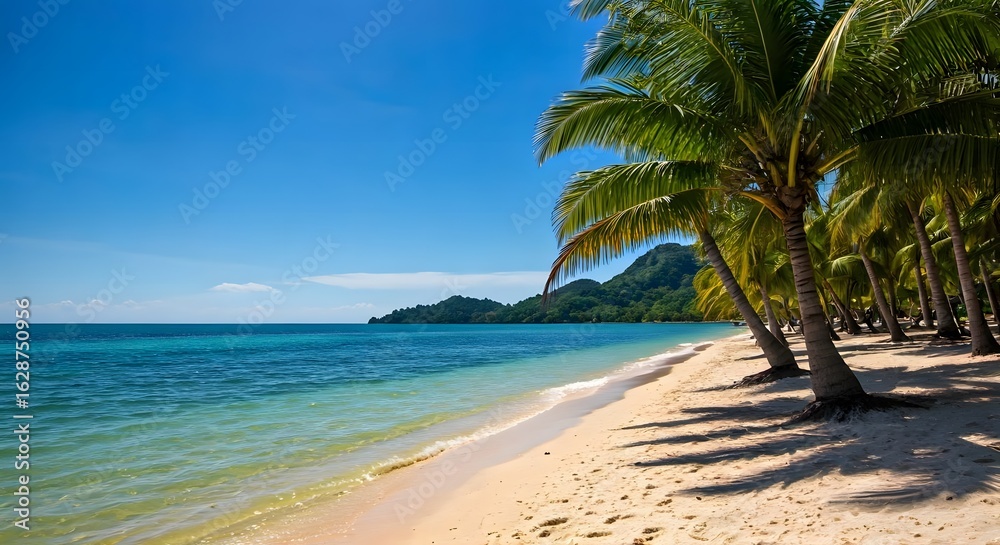 Fototapeta premium A sunny tropical beach with palm trees.jpg
