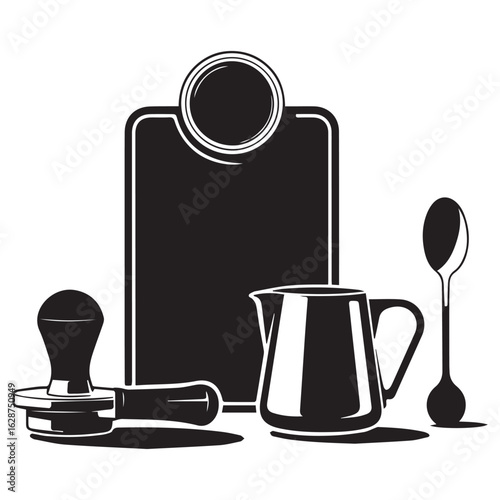 Stylish black and white illustration of essential espresso coffee making tools including a tamper milk pitcher and spoon against a blank clipboard
