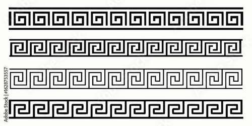 black and white greek key meander border collection four variations geometric maze patterns isolated on white background. 