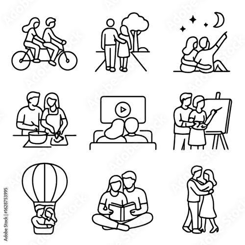 Romantic Activities Icons. Outline style icons of Romantic Activities Silhouette: couple bicycling together, walk in the park,