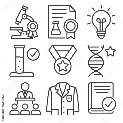 Scientific Achievement Icons. Outline style icons of Scientific Achievement: microscope with ribbon, lab report with seal,