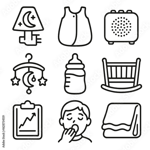 Sleep Routine Icons. Outline style icons of Sleep Routine Silhouette: night light, sleep sack, sound machine, lullaby mobile,