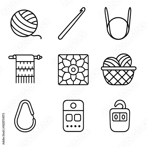 Knitting and Crocheting Icons. Outline style icons of Knitting and Crocheting: yarn ball with tail, crochet hook, circular needles