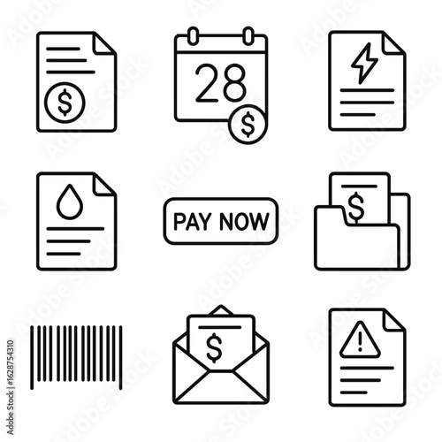 Bill Payment Icons. Outline style icons of Bill Payment: utility bill icon, due date with dollar, electricity invoice, water bill