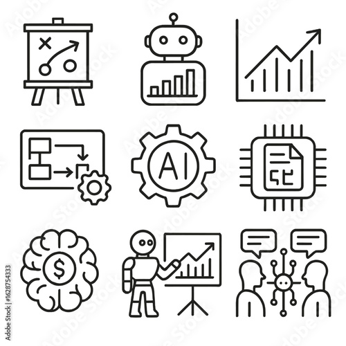 AI Business Icons. Outline style icons of AI in Business: AI strategy board, data insights bot, business analytics graph,