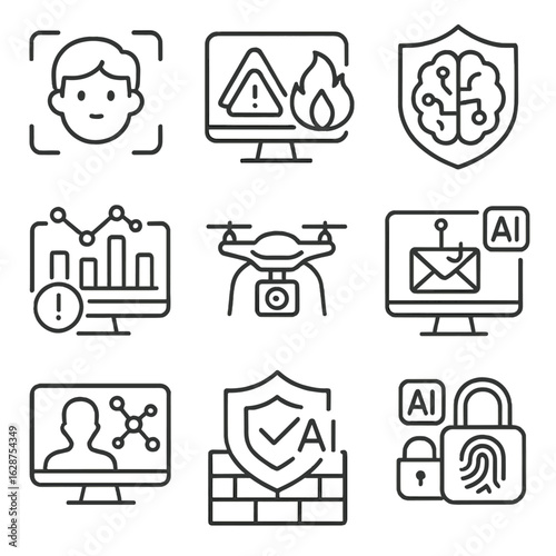 AI Security Icons. Outline style icons of AI in Security: facial ID scan, predictive threat icon, cybersecurity brain, AI firewall