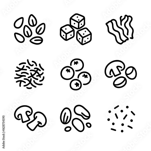 Salad Toppings Icons. Outline style icons of Salad Toppings: sunflower seeds, croutons, bacon bits, shredded cheese, dried