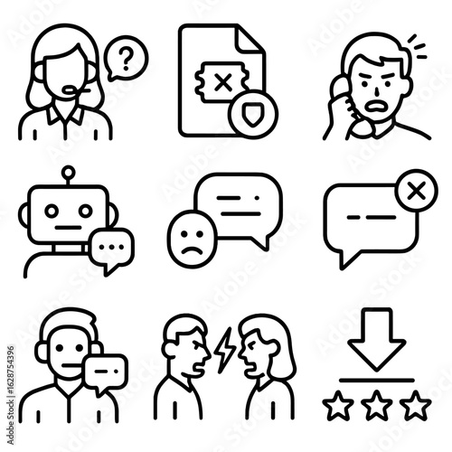 Customer Service Icons. Outline style icons of Customer Service Failure: unhelpful support icon, unresolved ticket, frustrated