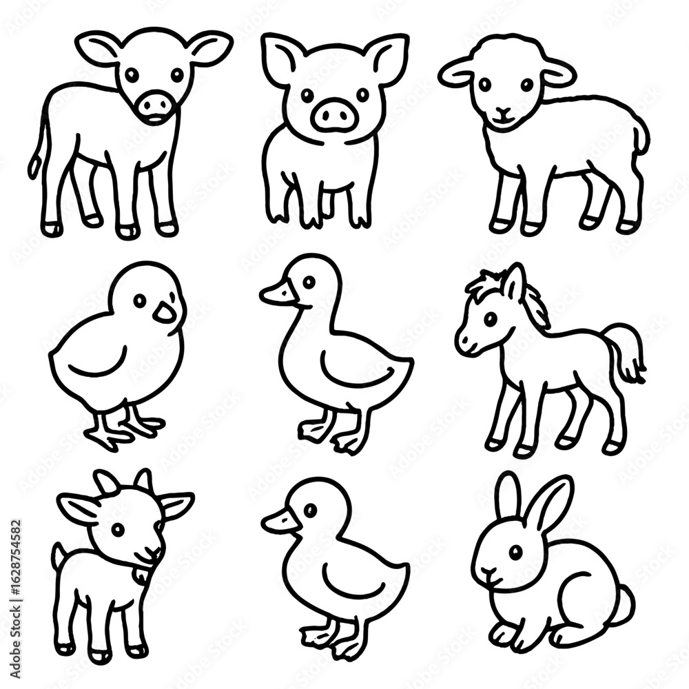 Fototapeta premium Baby Farm Animal Icons. Outline style icons of Baby Farm Animals: calf, piglet, lamb, chick, gosling, foal, kid goat, duckling,