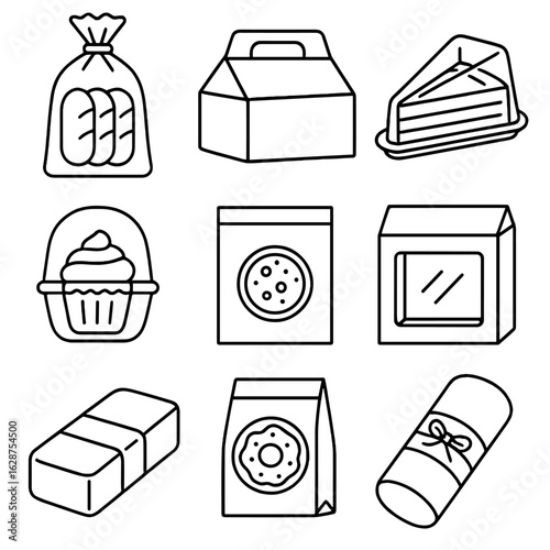 Bakery Packaging Icons. Outline style icons of Bakery Packaging: bread bag, pastry box, cake slice tray, cupcake clamshell, cookie