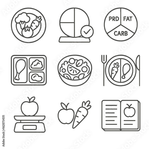 Nutrition Icon Set. Outline style icons of Nutrition and Meals: plate with vegetables, portion control icon, macro chart, balanced