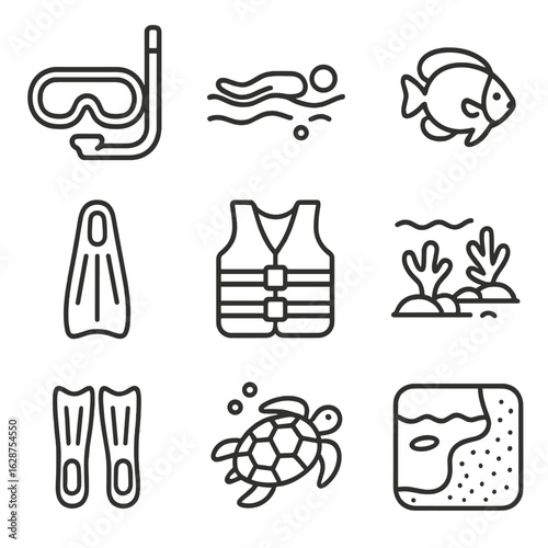 Snorkeling Icon Set. Outline style icons of Snorkeling: snorkel mask, surface swimmer, coral fish, beach flipper icon, float vest,