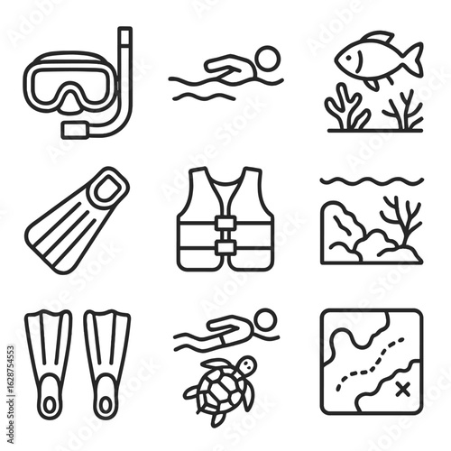 Snorkeling Icon Set. Outline style icons of Snorkeling: snorkel mask, surface swimmer, coral fish, beach flipper icon, float vest,