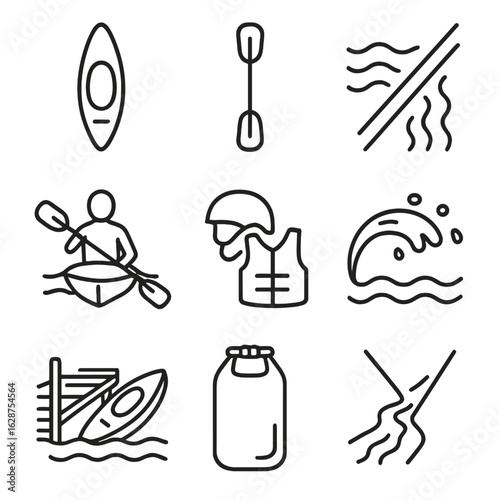 Kayak Icon Set. Outline style icons of Kayaking and Canoeing: solo kayak icon, double paddle, calm water trail, rapid descent line