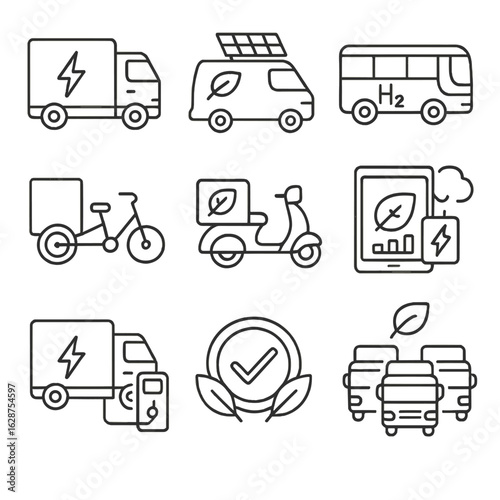 Sustainable Transport Icons. Outline style icons of Sustainable Transport: electric truck, solar-powered van, hydrogen bus, cargo