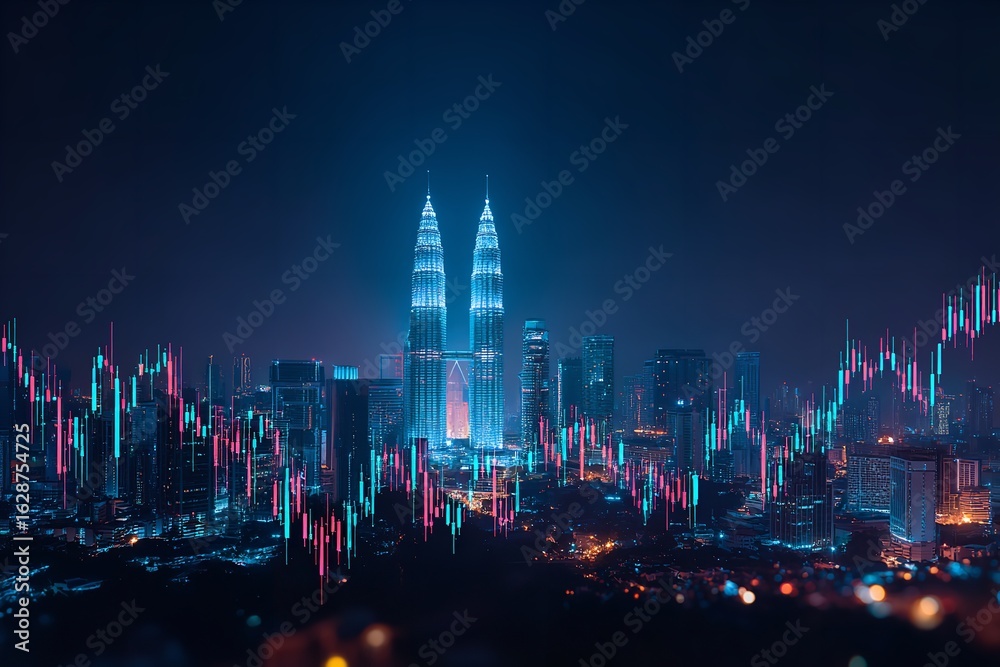 Obraz premium Kuala Lumpur city skyline at night with overlaid stock market data.
