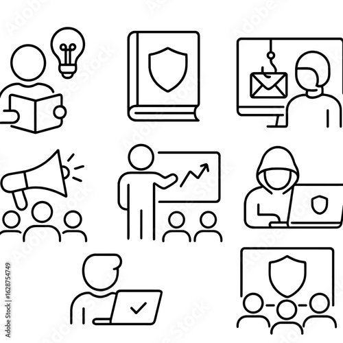 Cybersecurity Training Icons. Outline style icons of Security Awareness Training: user education icon, shield on training book,