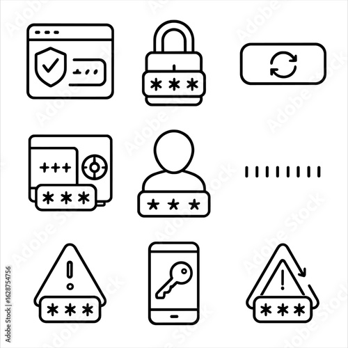 Password Management Icons. Outline style icons of Password Management: password manager icon, lock with asterisks, generate