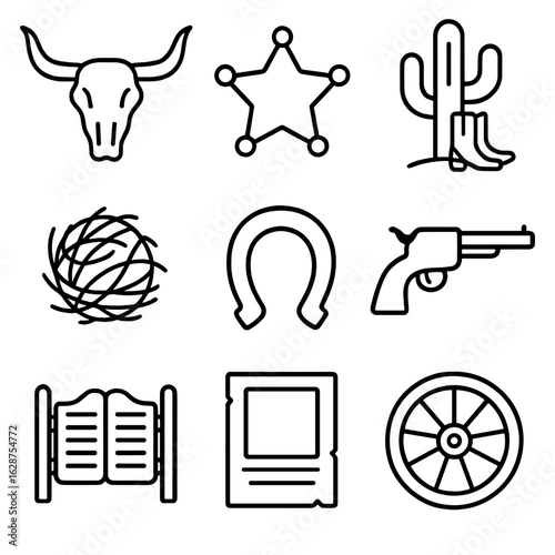 Cowboy Symbol Icons. Outline style icons of Cowboy Symbols: longhorn skull, sheriff star, cactus with boots, tumbleweed, horse