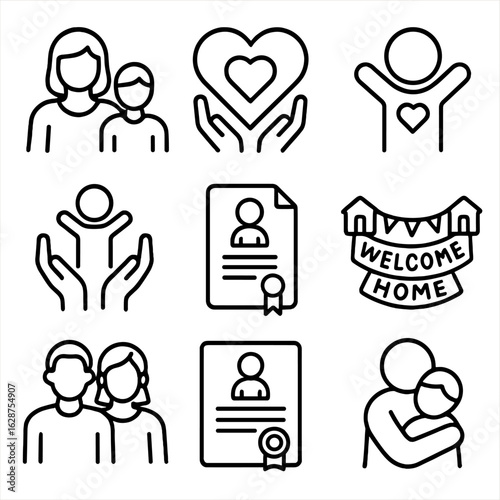 Adoptive Family Icons. Outline style icons of Foster and Adoptive Families: foster parent icon, adoption symbol, child with heart