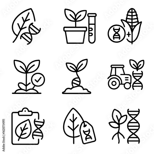 Plant Genetics Icons. Outline style icons of Plant Genetics: leaf with DNA strand, gene-edited plant, crop modification icon,
