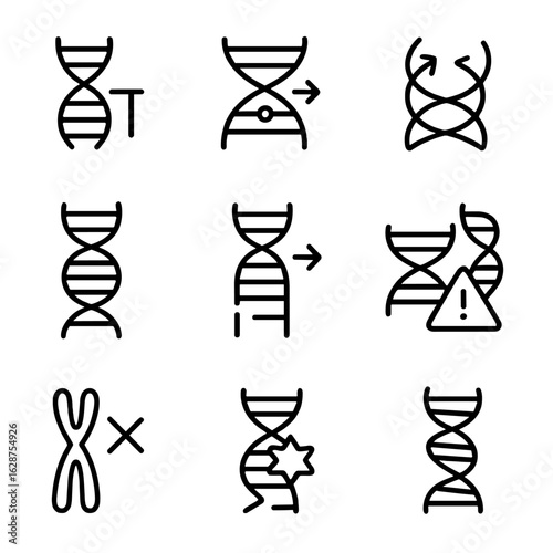 DNA Mutation Icons. Outline style icons of DNA Mutation Types: base deletion, point mutation icon, inversion strand, duplication