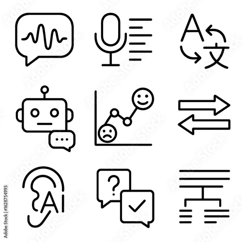 NLP Icons Collection. Outline style icons of Natural Language Processing: speech bubble with wave, voice-to-text icon, language