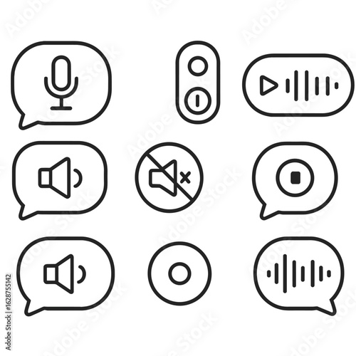 Audio Message Icons. Outline style icons of Voice and Audio Messages: microphone bubble, sound wave bubble, voice memo icon, audio