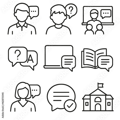 Educational Icon Set. Outline style icons of Educational Communication: teacher reply bubble, student question bubble, classroom